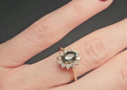 I’m absolutely obsessed with my green sapphire and diamond engagement ring!